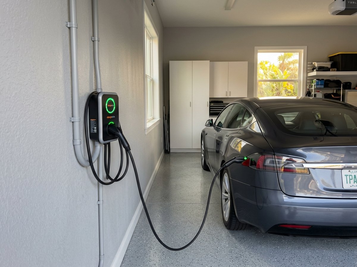 Tesla and Level 2 EV charger installation in clean suburban garage in Tampa FL