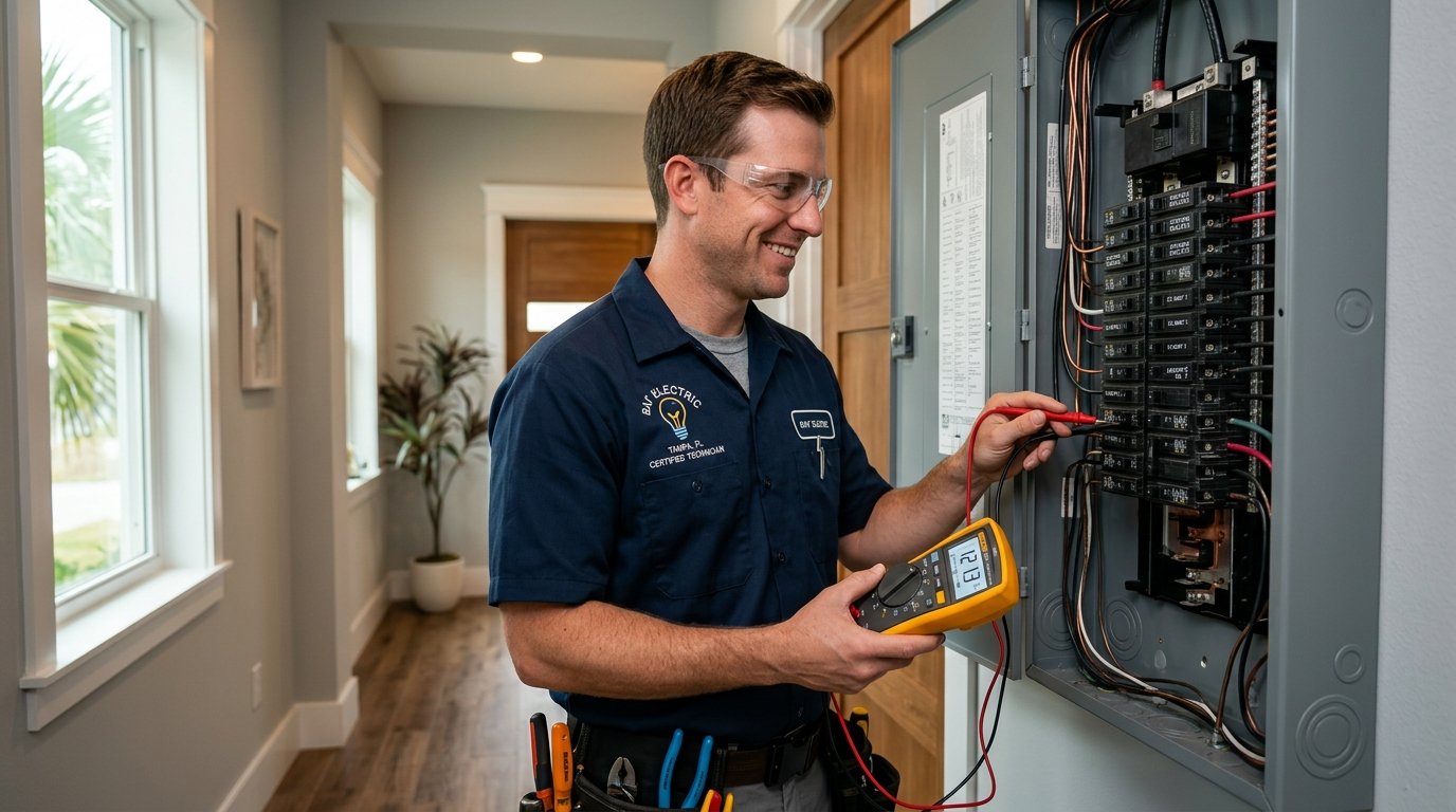 Certified Tampa Electrician Technician inspecting circuit breaker panel